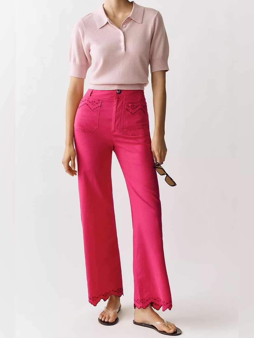 NWT Anthropologie Pink Colette Lace Trim Full-Length Wide-Leg Pants by Maeve, 30